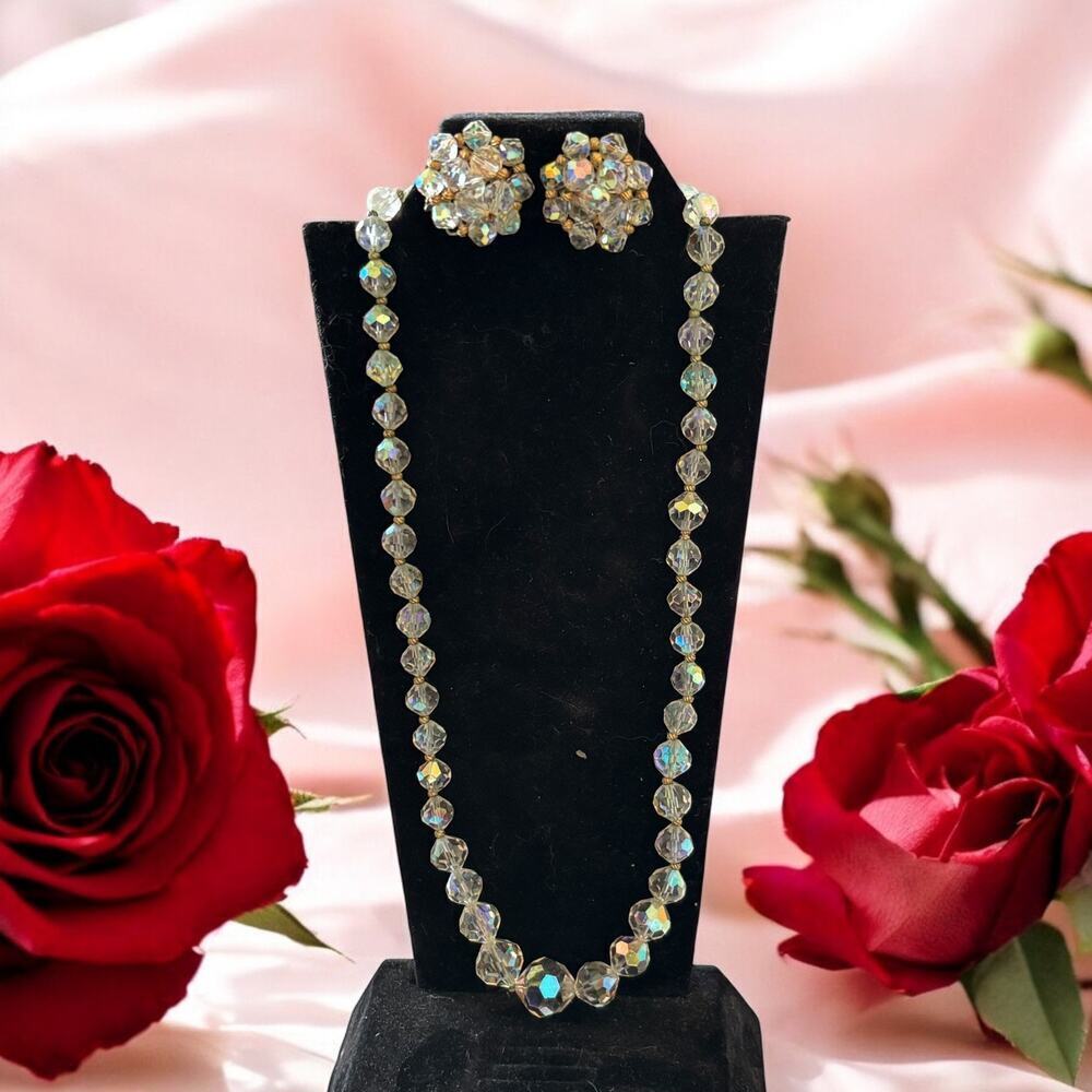 Mid Century Aurora Borealis Clear Crystal 19”Graduated Necklace Cluster Set